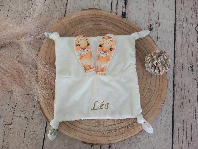 Doudou lapin lion fleur / minky rose