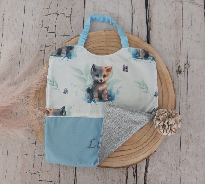 Grand bavoir élastique loup / uni bleu clair