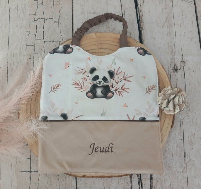 Grand bavoir élastique prénom panda / uni beige