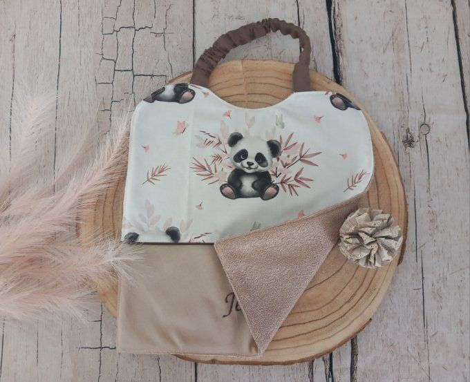 Grand bavoir élastique prénom panda / uni beige