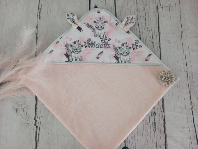 Cape de bain lion rose/micro-éponge rose/argent