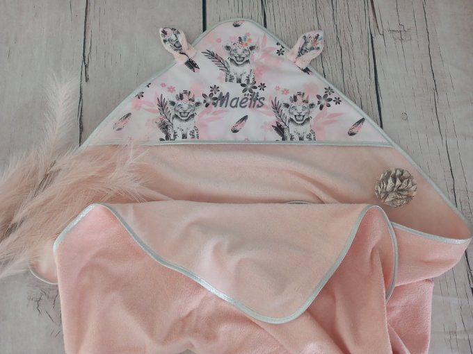 Cape de bain lion rose/micro-éponge rose/argent