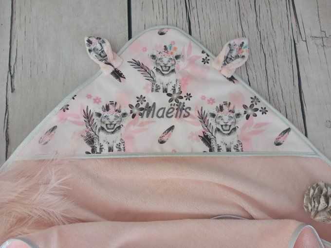 Cape de bain lion rose/micro-éponge rose/argent