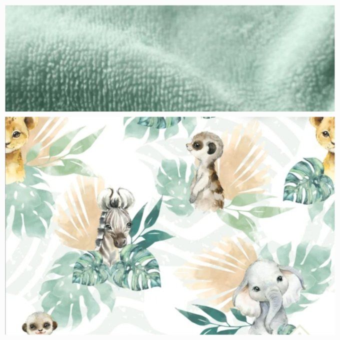 Peignoir animaux verts / micro-éponge bambou vert d'eau