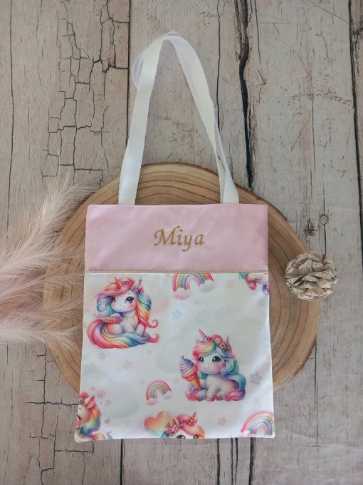 Tote bag enfant licorne / uni rose clair / prénom doré