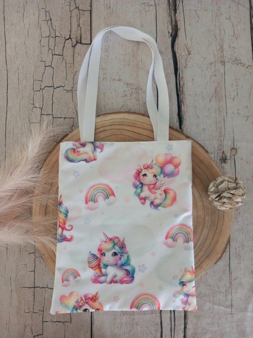 Tote bag enfant licorne / uni rose clair / prénom violet