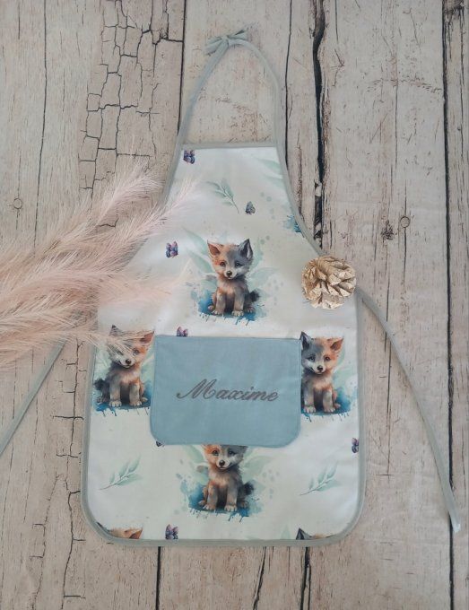 Tablier enfant loup / uni bleu clair