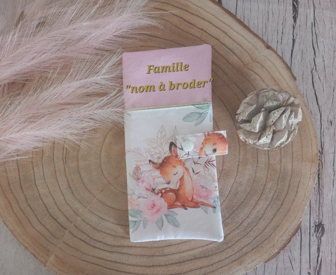Protège livret de famille biche boho / uni rose clair