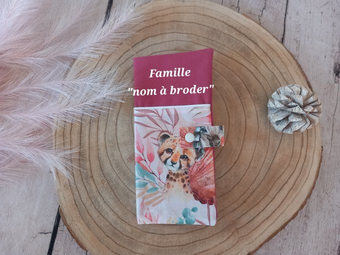 Protège livret de famille animaux marrons / uni framboise