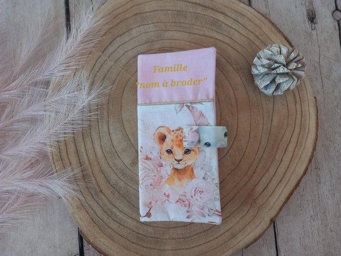 Protège livret de famille animaux beiges / uni rose clair