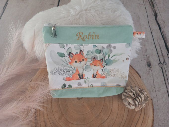 Trousse de toilette renards eucalyptus / uni vert clair / prénom doré