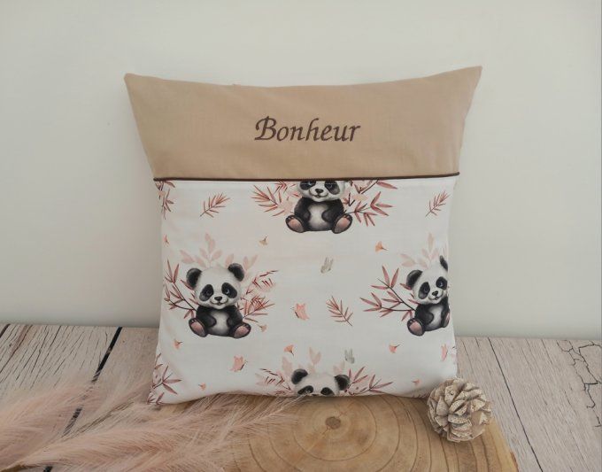 Coussin et housse personnalisée 40 x 40 cm panda / uni beige