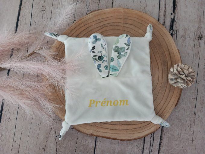 Doudou lapin fleurs bleues / minky vert clair