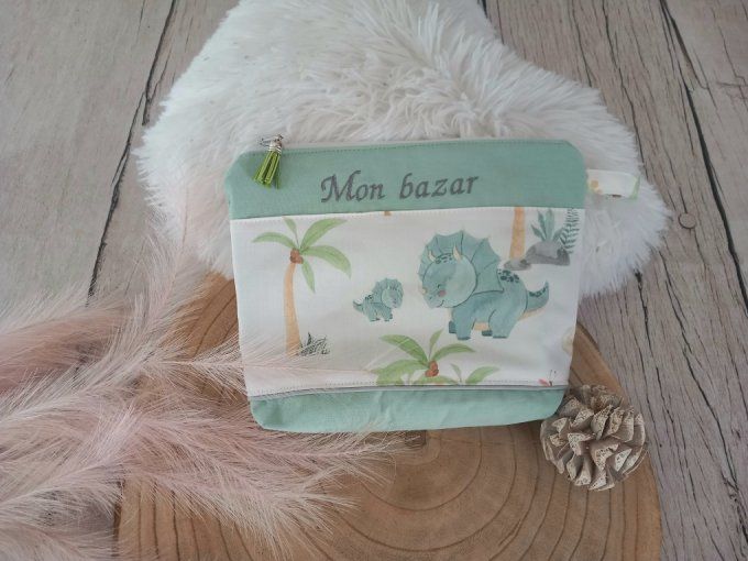 Trousse de toilette dino vert / uni vert clair