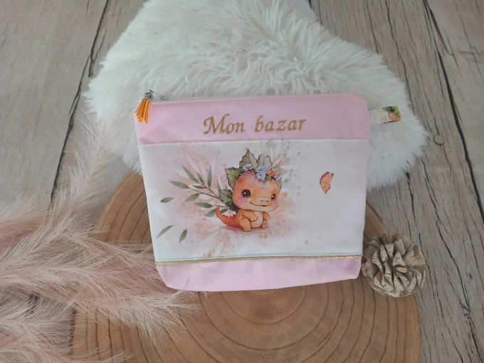 Trousse de toilette dragons / uni rose clair