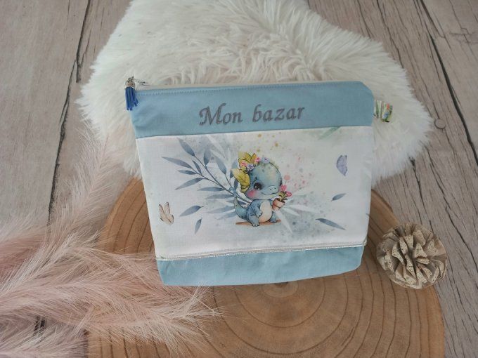 Trousse de toilette dragons / uni bleu clair