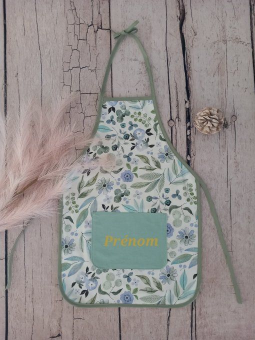 Tablier enfant fleurs bleues / uni vert clair
