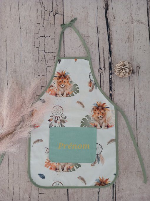 Tablier enfant lion boho / uni vert clair