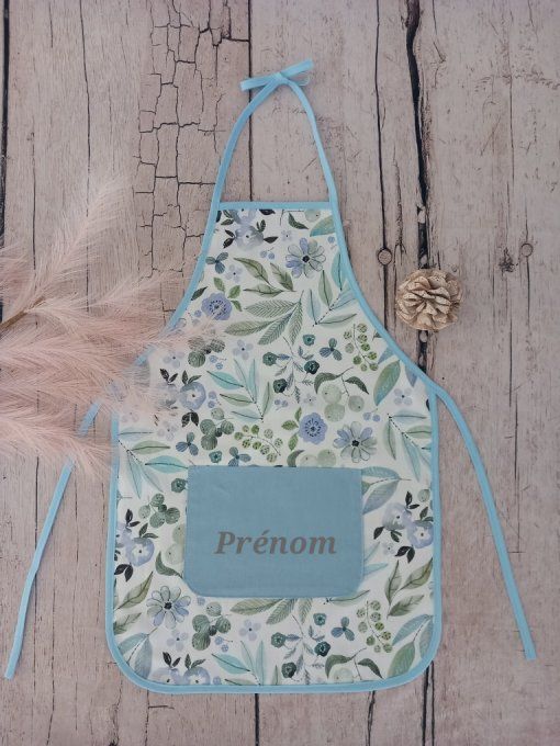Tablier enfant fleurs bleues / uni bleu clair