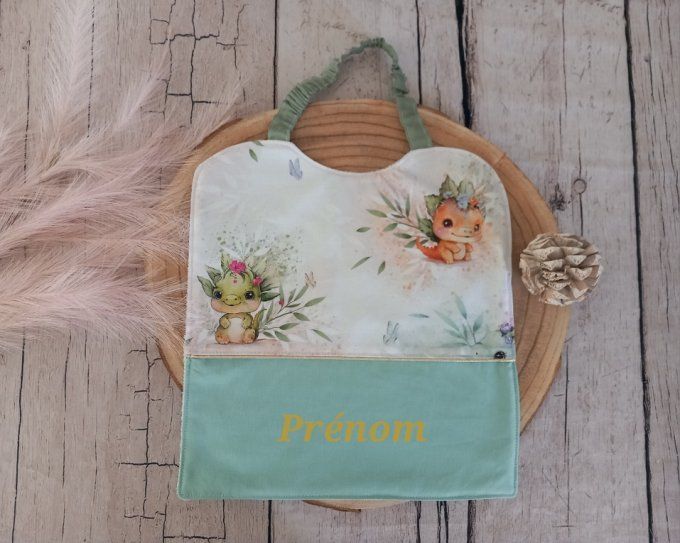 Grand bavoir élastique prénom dragons / uni vert clair