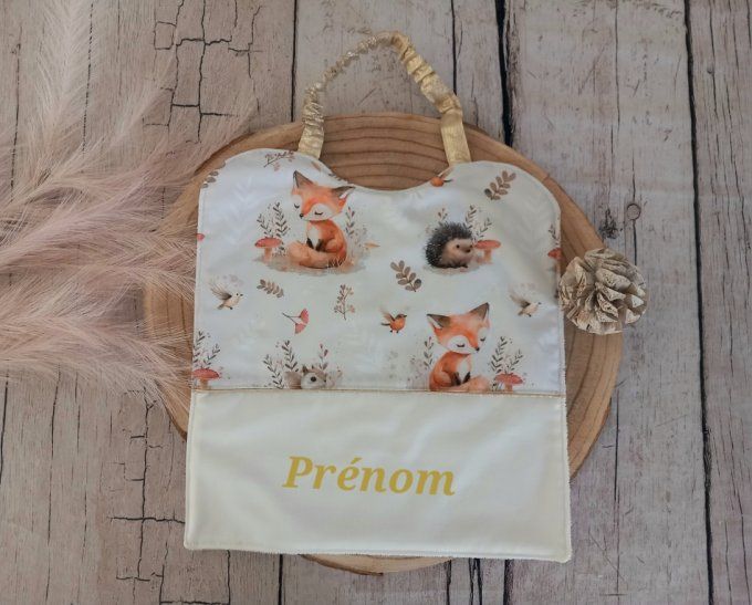 Grand bavoir élastique prénom animaux de la forêt / uni écru