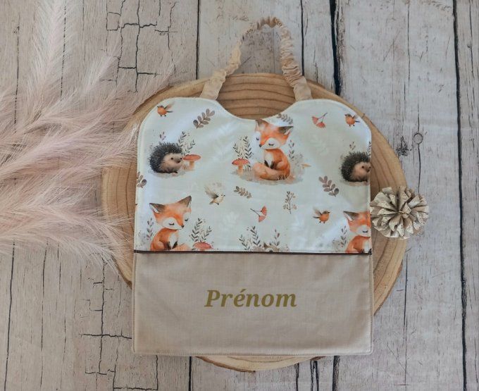 Grand bavoir élastique prénom animaux de la forêt / uni beige