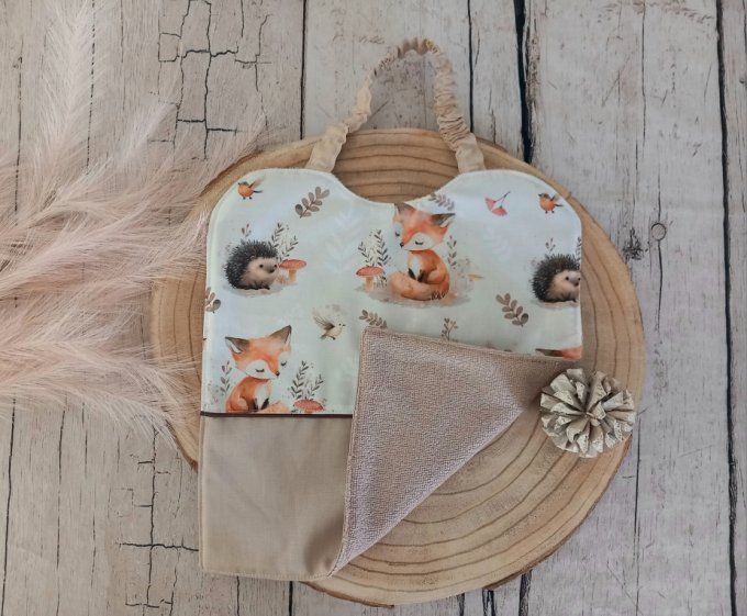 Grand bavoir élastique prénom animaux de la forêt / uni beige