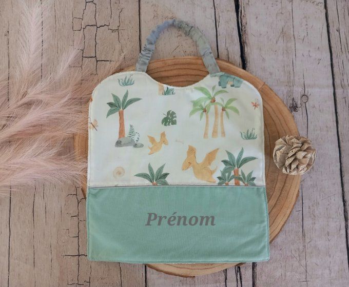 Grand bavoir élastique prénom dino vert / uni vert clair