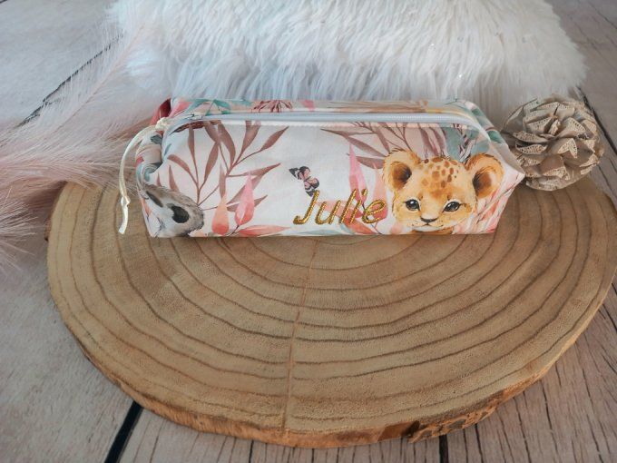 Trousse d'école animaux marrons / uni framboise