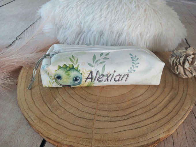 Trousse d'école crocodile / tissu uni vert clair