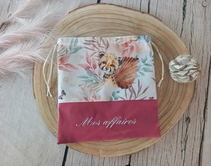 Pochon animaux marrons / uni framboise