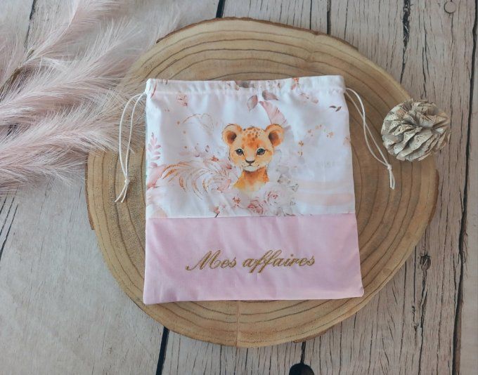 Pochon animaux beiges / uni rose clair