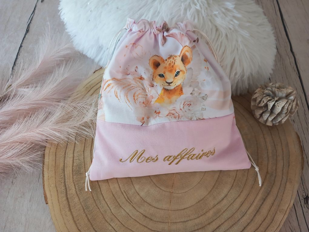 Pochon animaux beiges / uni rose clair