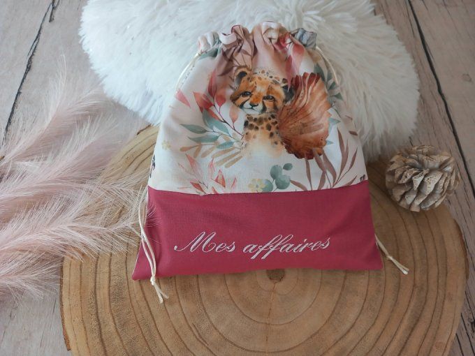 Pochon animaux marrons / uni framboise