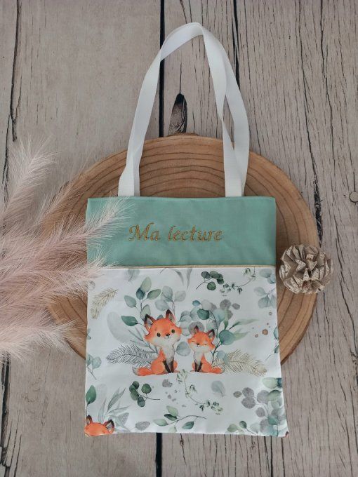 Tote bag enfant renards eucalyptus / uni vert clair / prénom doré