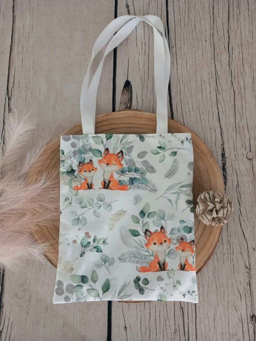 Tote bag enfant renards eucalyptus / uni vert clair / prénom doré