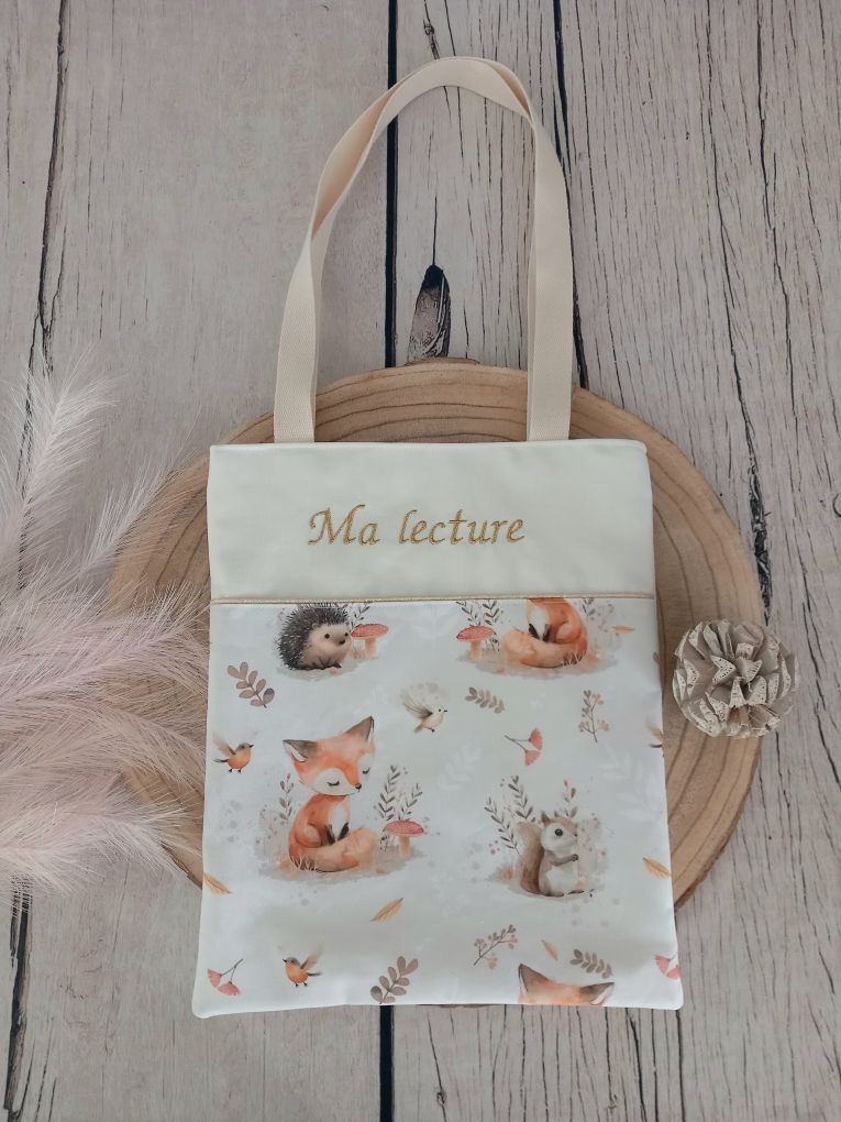 Tote bag enfant animaux de la forêt / uni écru
