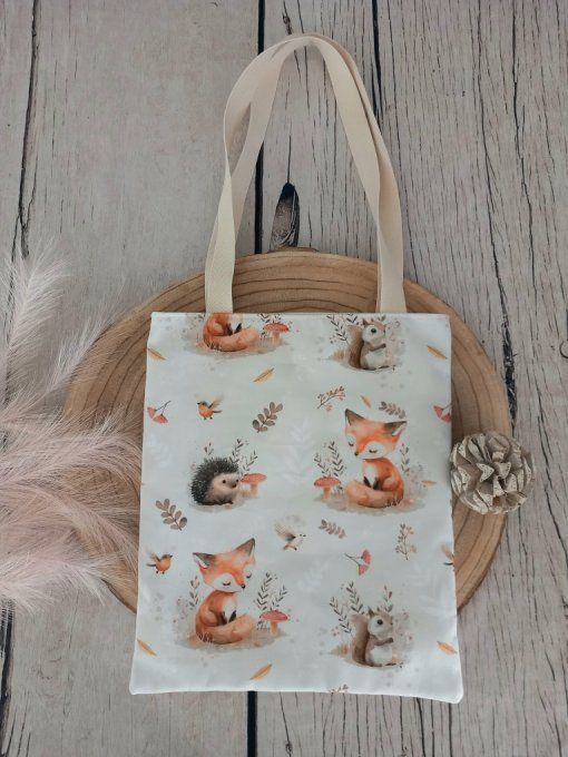Tote bag enfant animaux de la forêt / uni écru