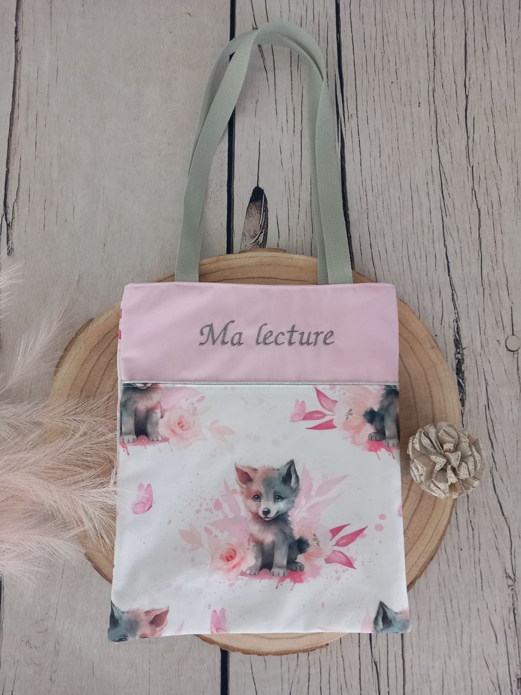Tote bag enfant louve / uni rose clair