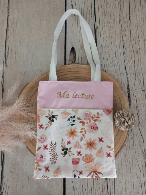 Tote bag enfant fleurs sauvages /uni rose clair