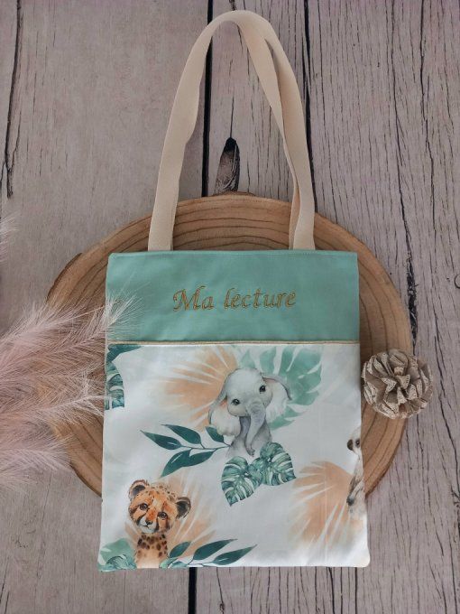 Tote bag enfant animaux verts / uni vert clair