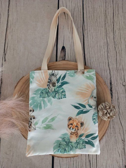 Tote bag enfant animaux verts / uni vert clair