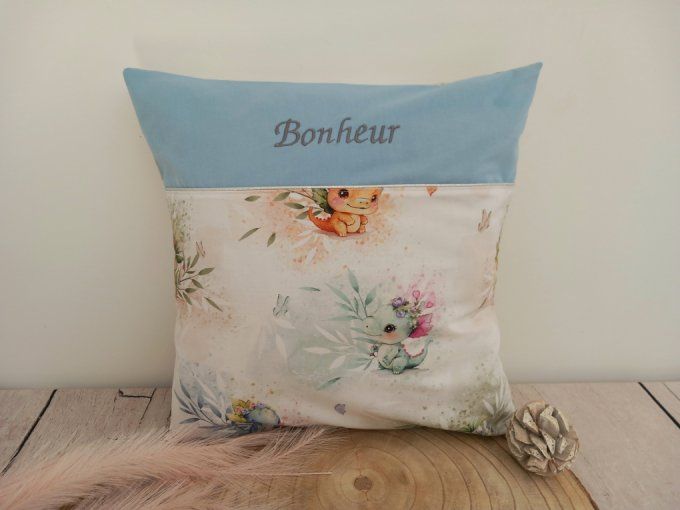 Coussin et housse personnalisée 40 x 40 cm dragons / uni bleu clair