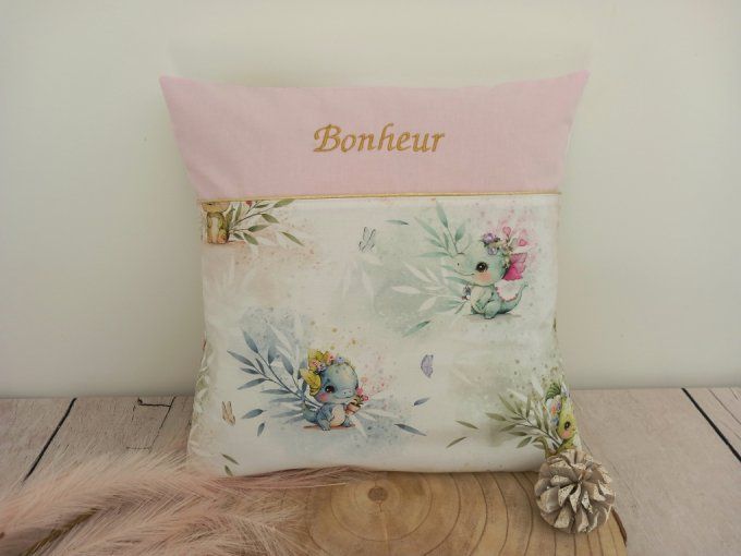 Coussin et housse personnalisée 40 x 40 cm dragons / uni rose clair