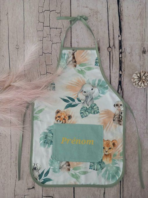 Tablier enfant animaux verts / uni vert clair