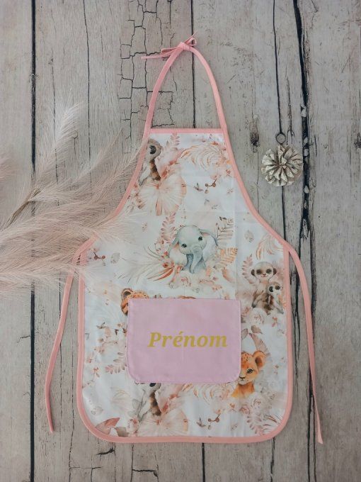 Tablier enfant animaux beiges / uni rose clair