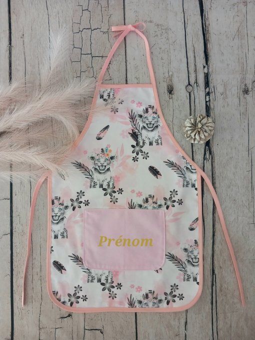 Tablier enfant lion rose / uni rose clair