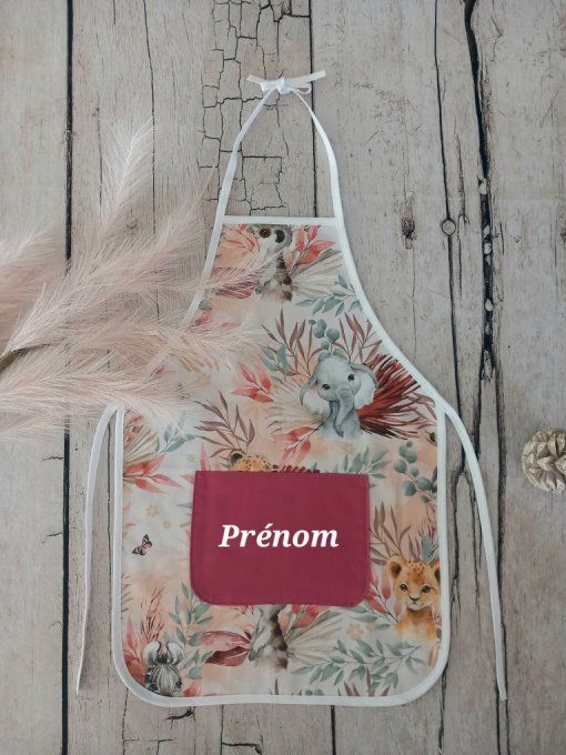Tablier enfant animaux marrons / uni framboise