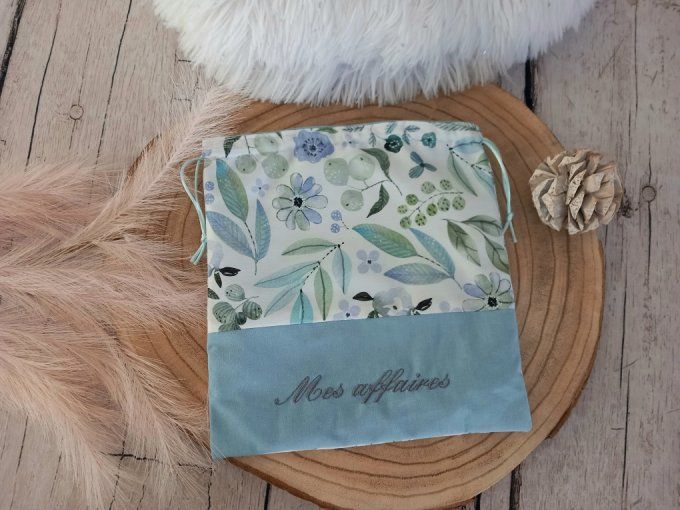 Pochon fleurs bleues / uni bleu clair