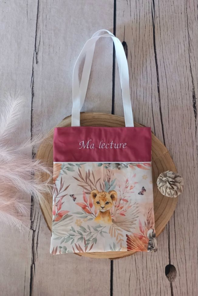 Tote bag enfant animaux marrons / uni framboise